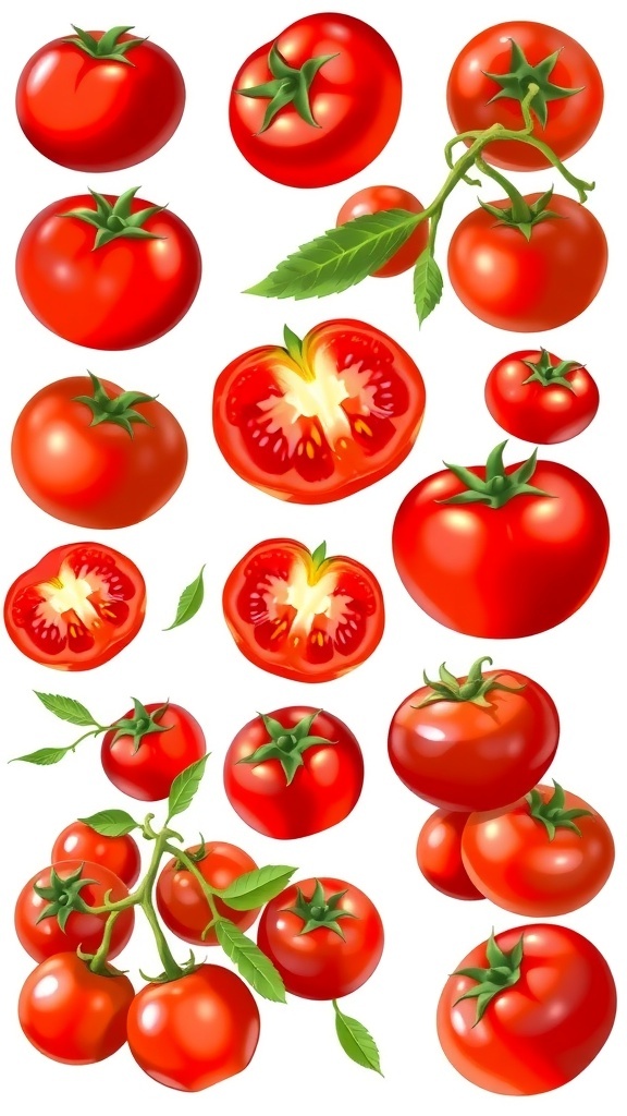 A variety of tomato clipart images including whole, sliced, and vine tomatoes in different artistic styles.
